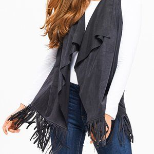 Countess Faux Suede Waterfall Collar Open Front Fringe Vest